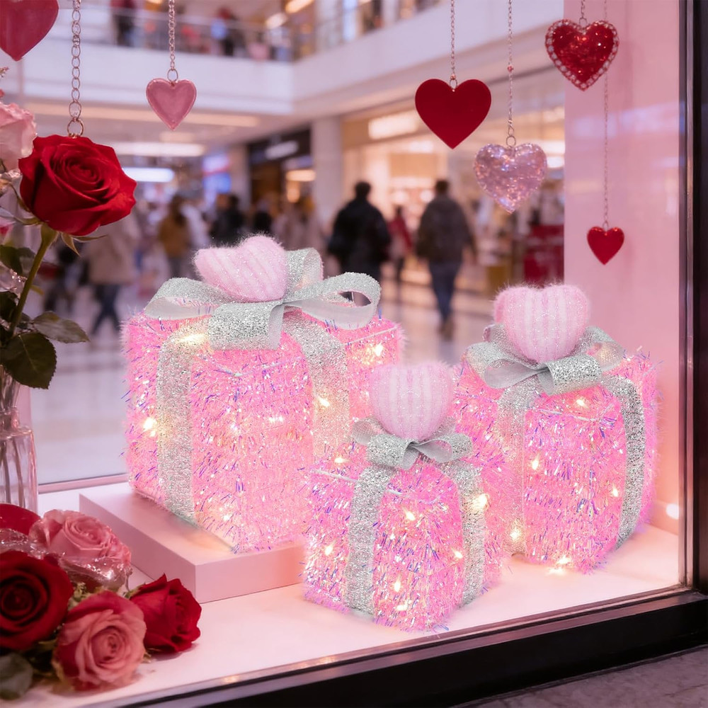 Pink Valentine's Lighted Gift Boxes with Timer, 60 LED, 3 Pack Decor