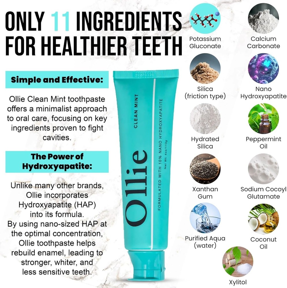 Clean Mint Nano Hydroxyapatite Toothpaste for Teeth Whitening, 10% Hydroxyapa...