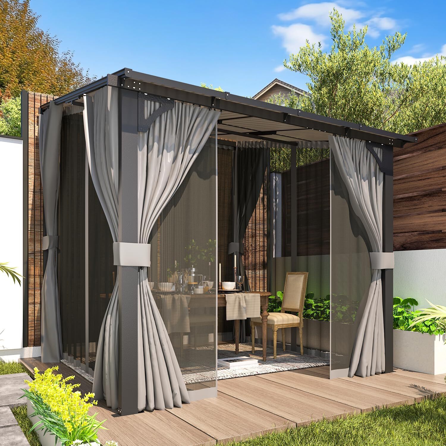Wall-Mounted Lean-to Gazebo Pergola with Curtains, Netting, 6 Sizes