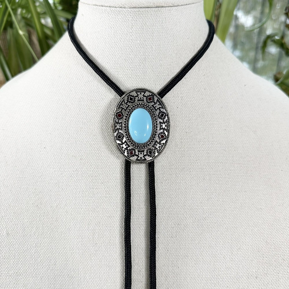 Western Turquoise Silver Tone Bolo Tie