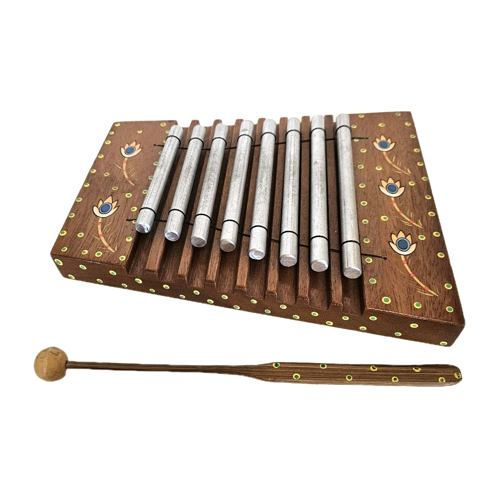 Teak Wood Meditation Chime Xylophone Hand painted w Mallet & 8 Stainless Keys