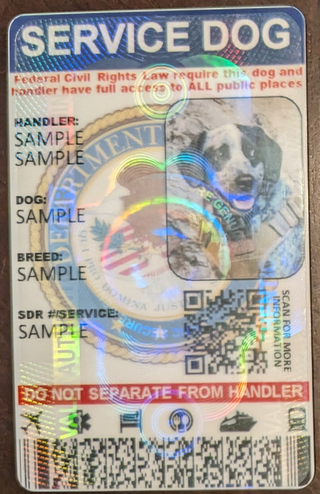 SERVICE DOG ID CARD HOLOGRAPHIC - 1 SIDED CUSTOMIZABLE PHYSICAL & DIGITAL