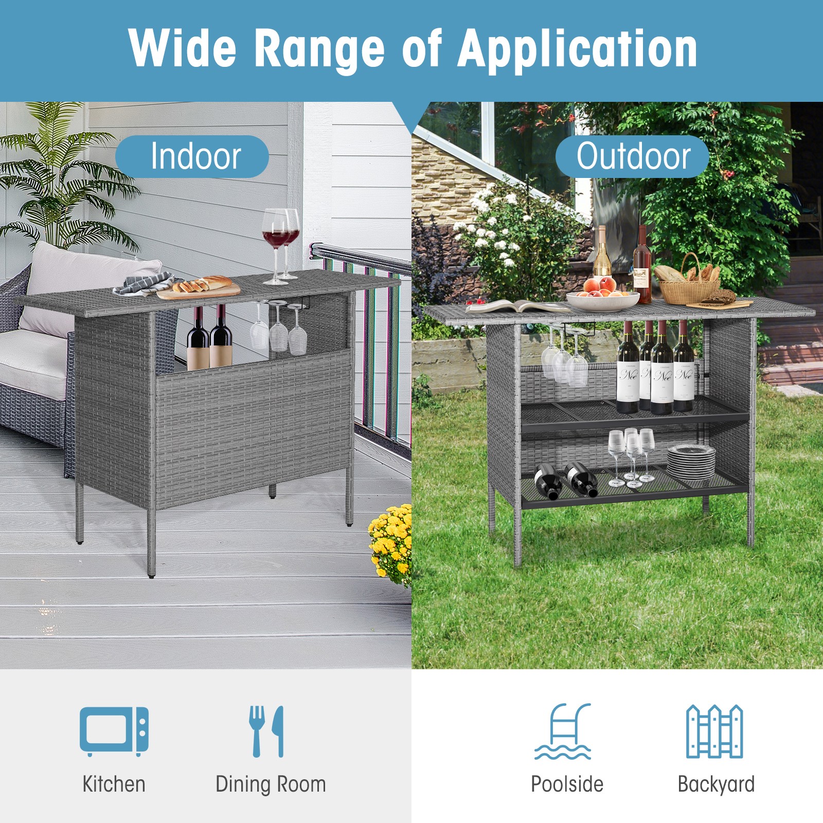 Outdoor Patio Wicker Bar Table w/ 55” Large Tabletop & 2 Metal Shelves Mix Grey