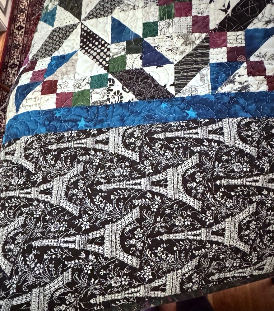 HANDCRAFTED Multicolored Quilt 88” x 88” Eiffel Tower Border