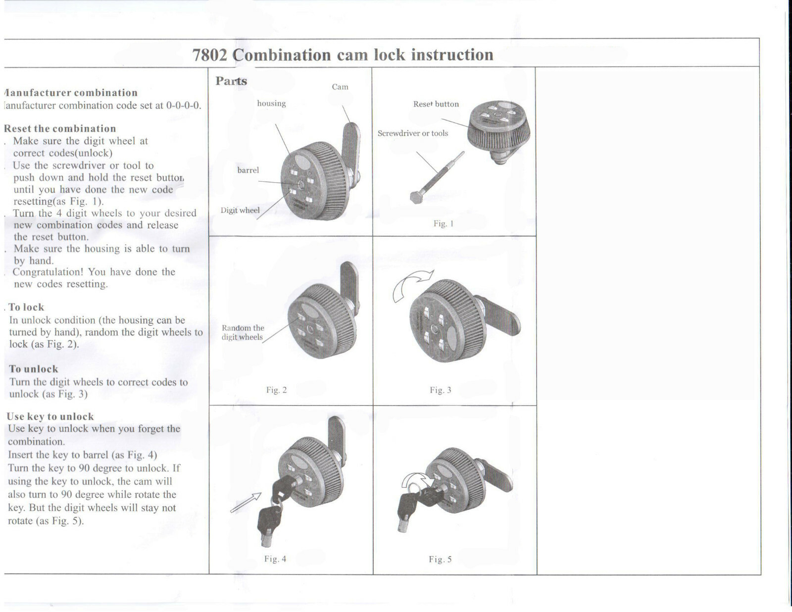 Combi-Cam 7802S 4-Dial Combination Cabinet Lock With 5/8” Cylinder and keys KD