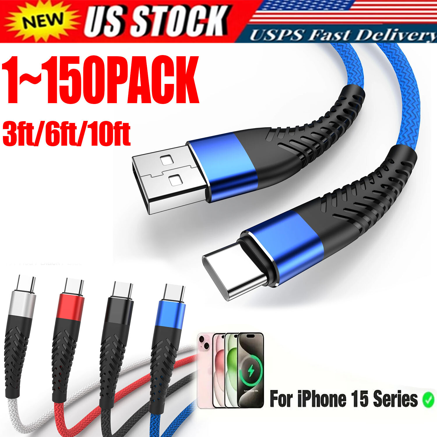Braided USB C Type C Fast Charging Data Cable Cord for iPhone 17 16 Pro Max Lot