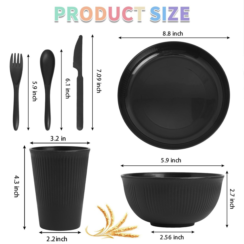 36 Pcs Wheat Straw Dinnerware Set,Dinnerware Sets for 6,Large Large, Black