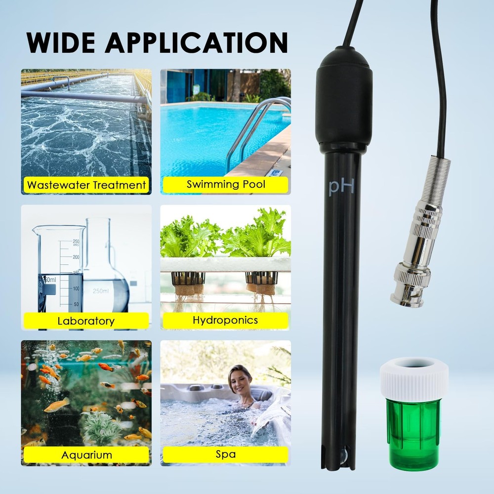 0-14 pH Electrode Probe, pH Meter with Replacement BNC Connector and 300cm Ca...