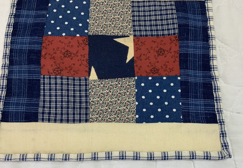 Patchwork Mini Quilt, Teddy Bear Quilt, Nine Patch, Calico Prints, Blue, 9” X 9”