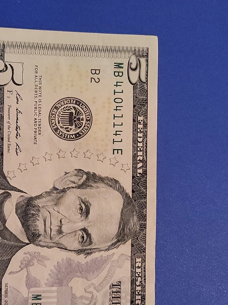 $FIVE DOLLAR BILL Trinary Repeater Fancy Serial Number with bleed through error!