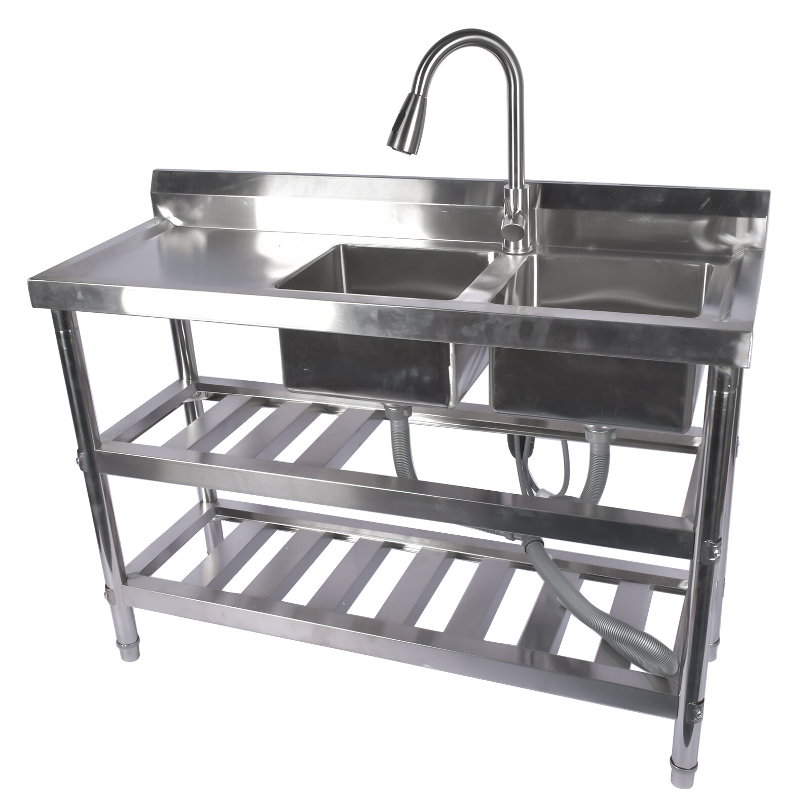 47.2" Stainless Steel Double Bowl Utility Sink with Pull-Out Faucet & Drainboard