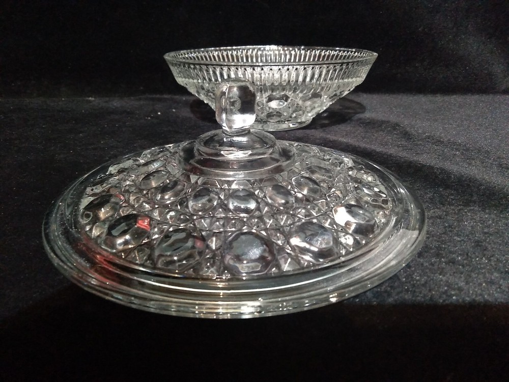 Federal Glass Windsor Pattern Clear Button & Cane Covered Candy Dish 7.5"D