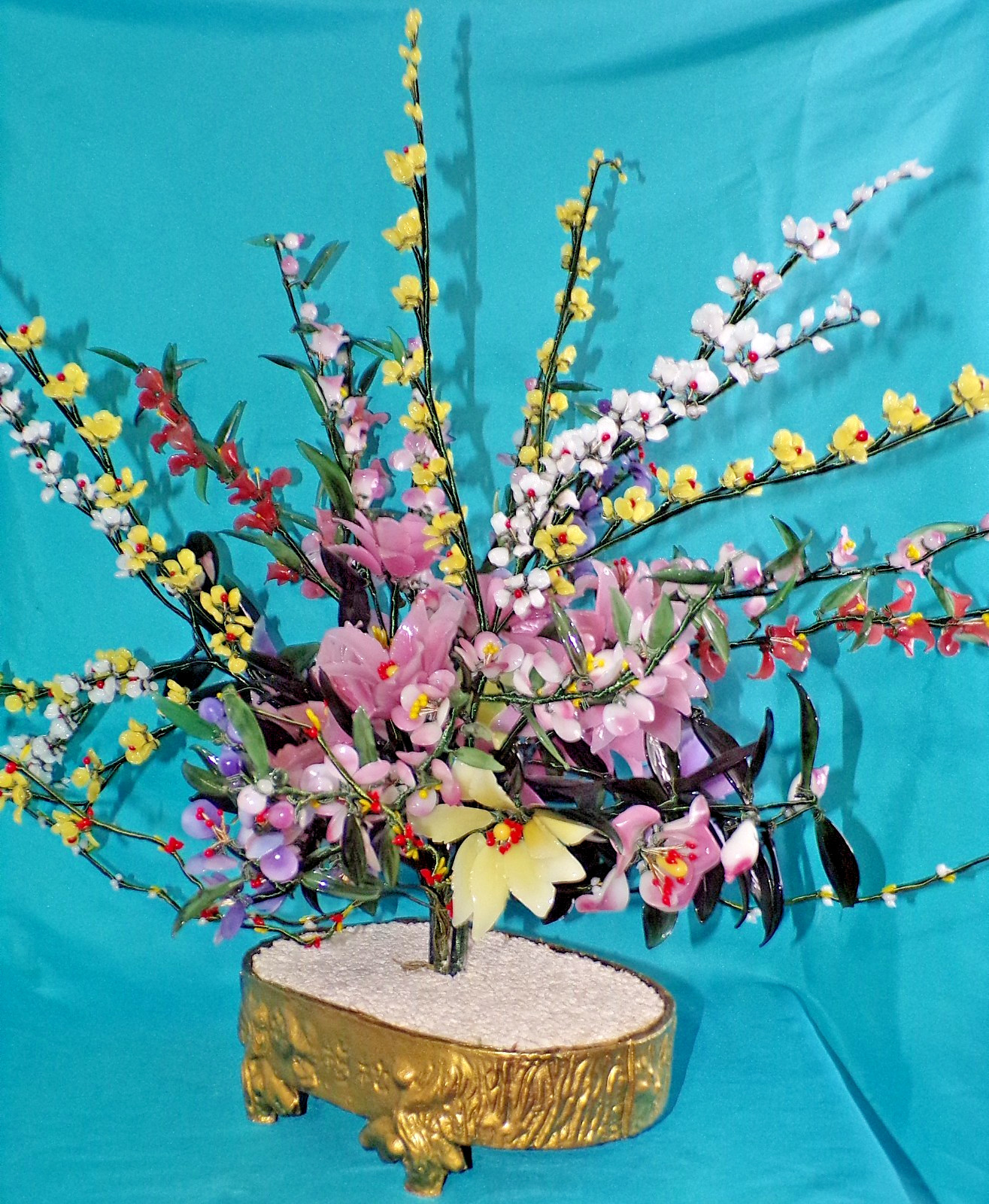 Large Jade Quartz Stone Glass Flower Bonsai Tree Vintage 20H x 30W Centerpiece