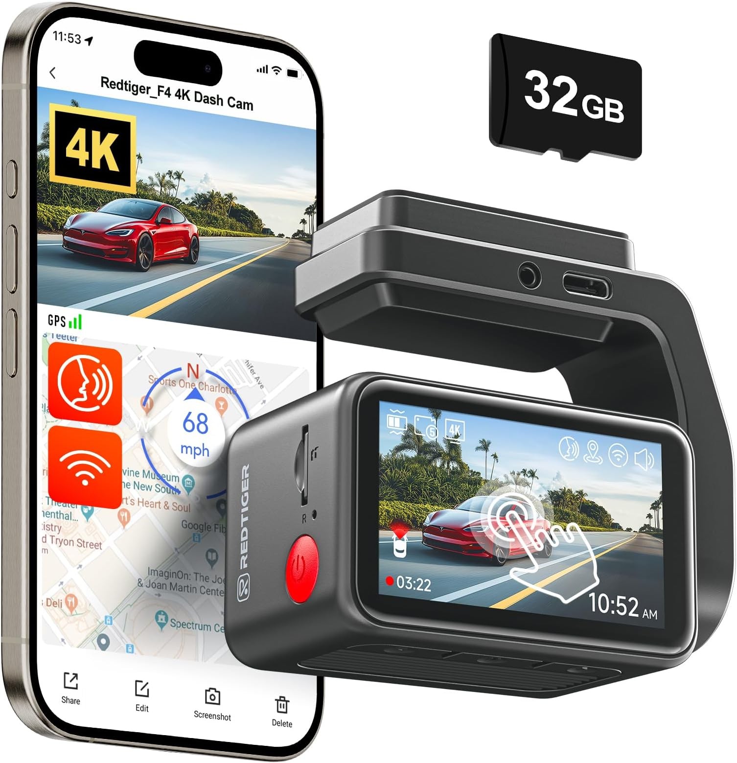REDTIGER F4 32GB Dash Cam Front & Rear 4K Dash Camera 5.8GHz WiFi 2"Touch Screen