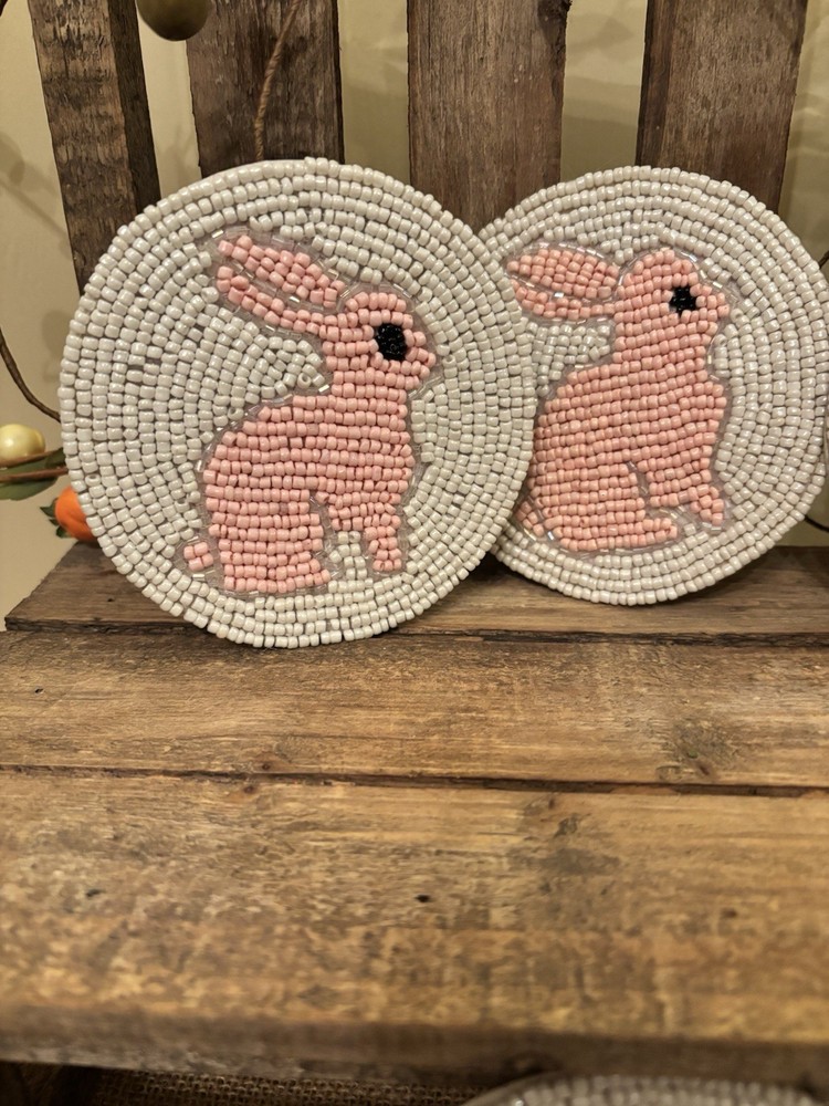 🐰New Beaded Pink Bunny Coaster Set
