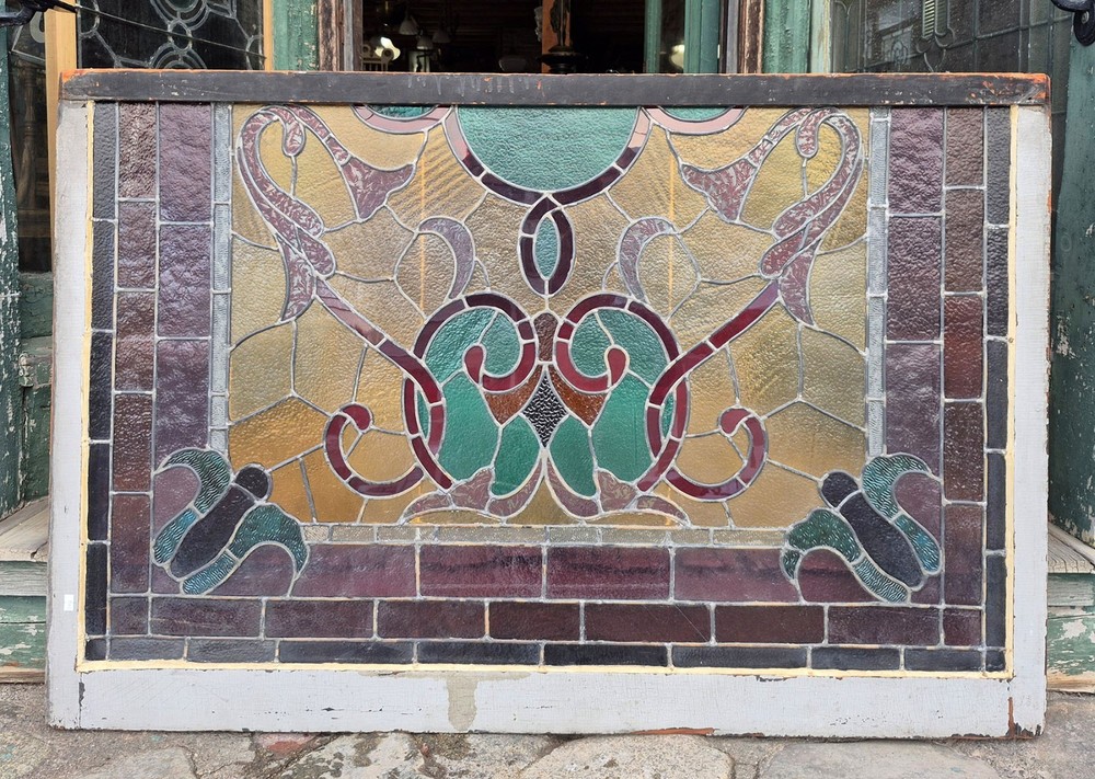 HUGE ANTIQUE STAINED GLASS DOUBLE HUNG WINDOW