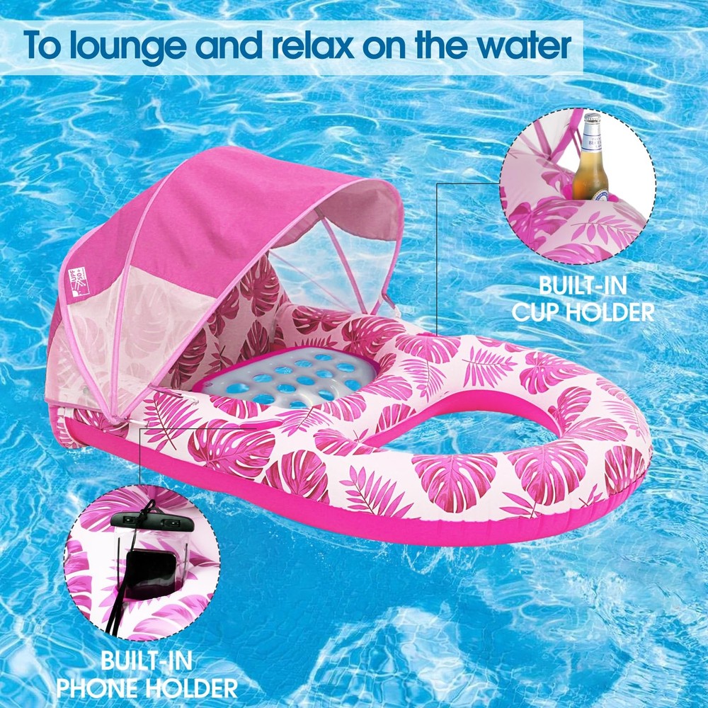 Extra Large Inflatable Pool Float with Canopy and Cup Holder - Pink