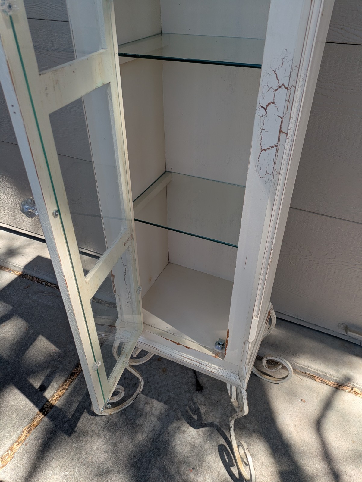 Vintage Shabby Chic French Country Cottage White Curio Display Cabinet Iron Legs