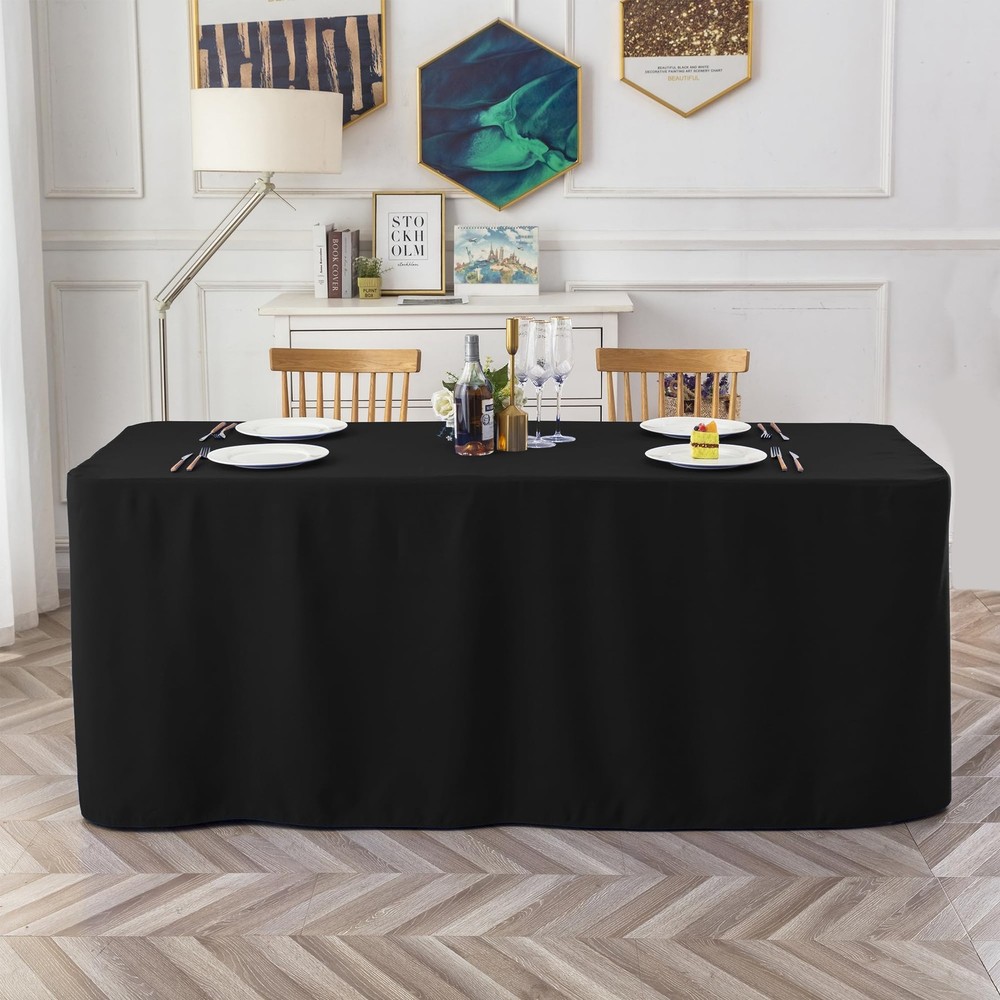Black Tablecloth Fitted Table Clothes for 6 Foot Rectangle Tables 2 Pack - Wa...