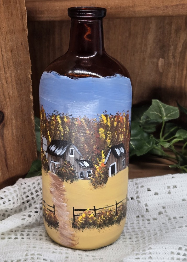 amber bottle w/ fall barn (26015) hand painted