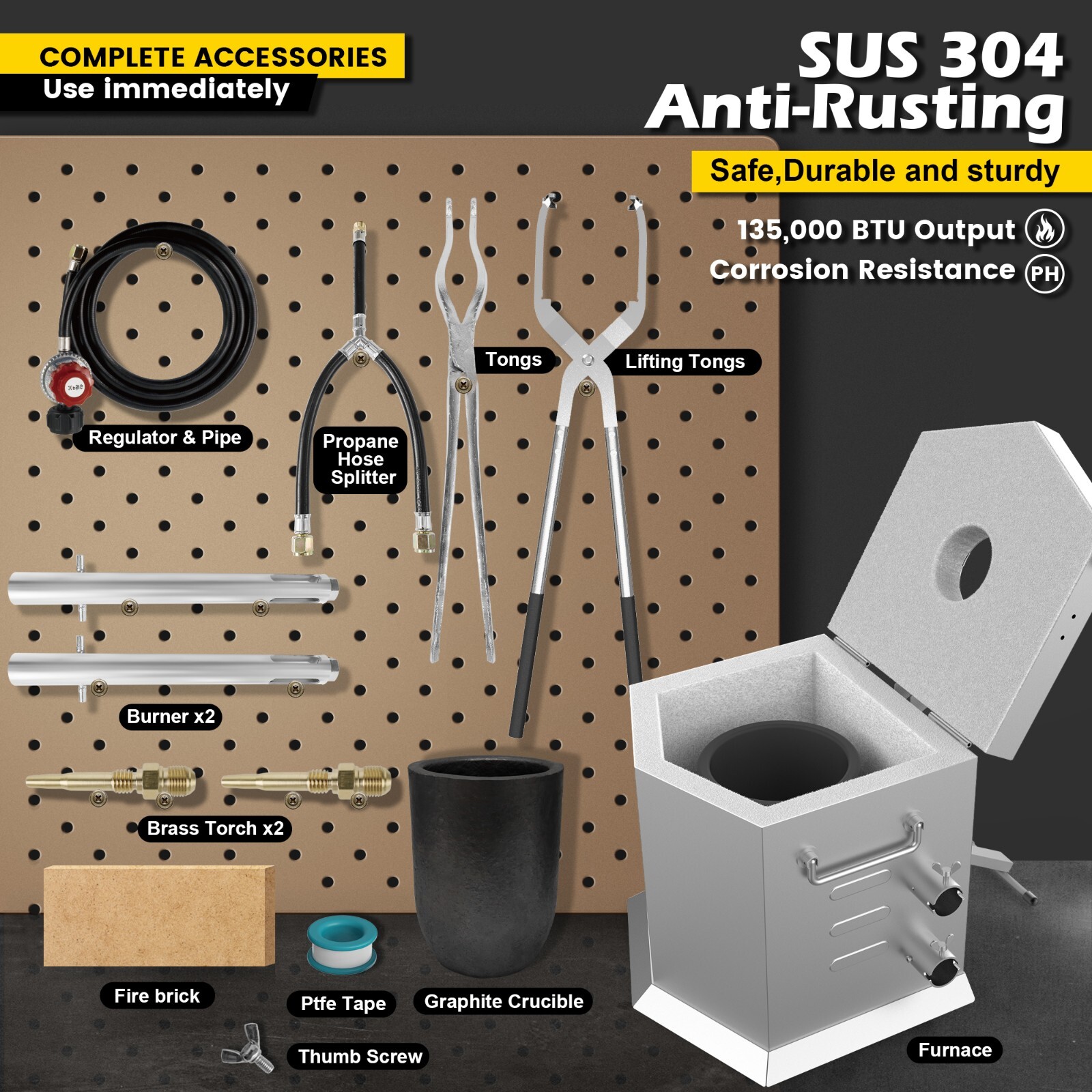 25KG Propane Furnace Kit w/ 2 Crucible Tongs,Smelting Gold Metal Recycle 2700℉