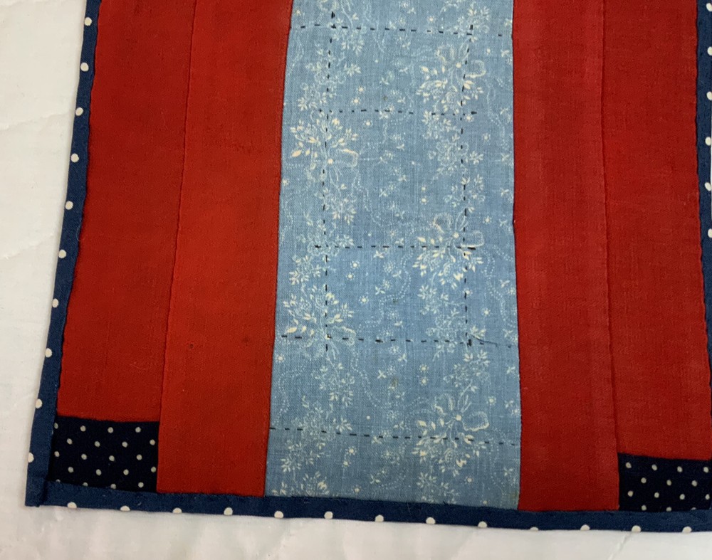 Vintage Antique Patchwork Quilt Table Topper, Log Cabin, Challis Wool, Red, Navy