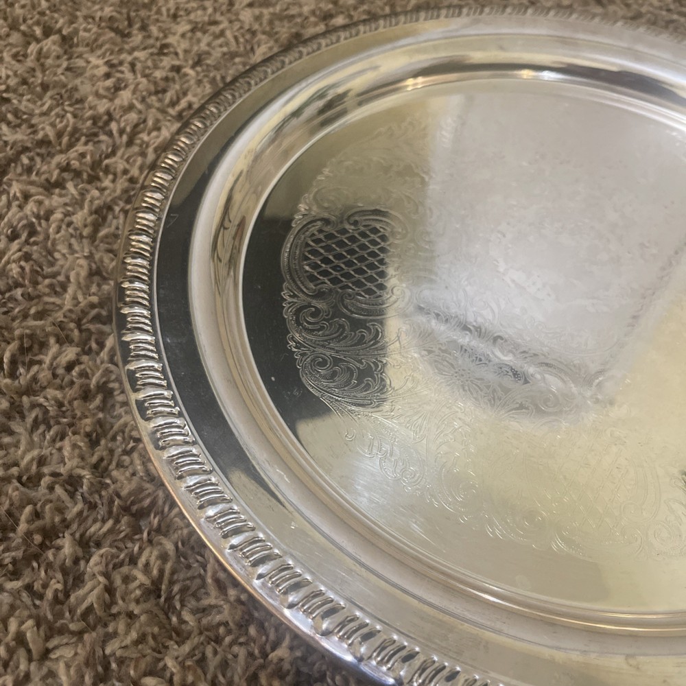 LEONARD EP SILVERPLATED 12" ROUND SERVING FLORAL SCROLL TRAY