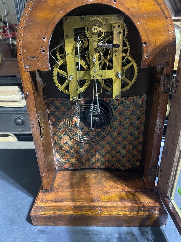 Antique Clock KEY WIND, PAINTED BIRD/FLORAL PAINTED WINDOW, WORKING CLOCK