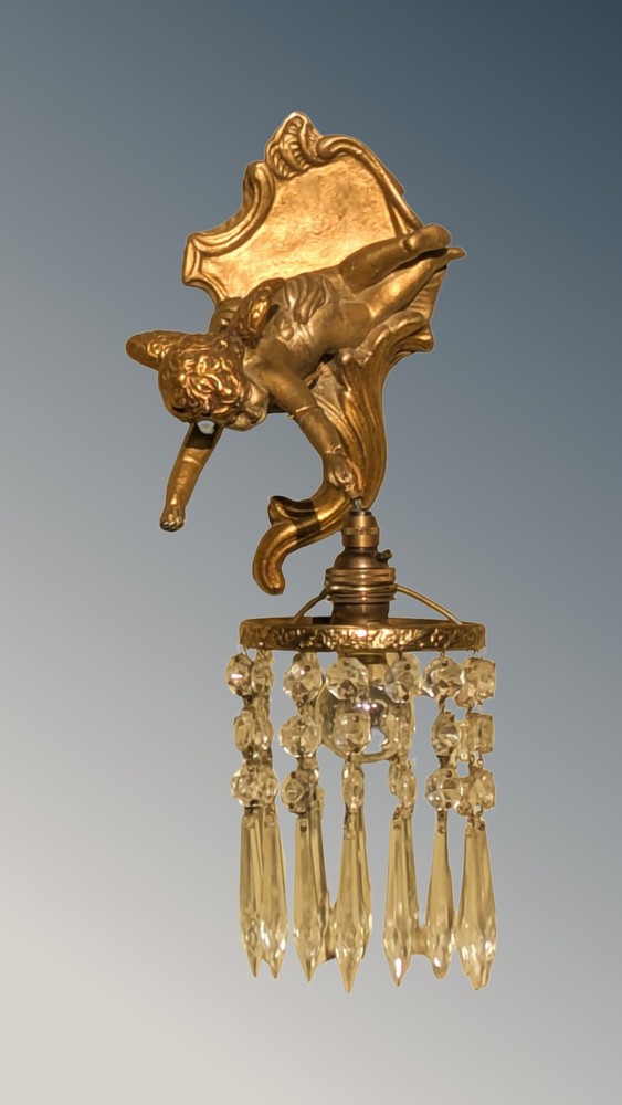 Pretty Pair Gilt Cherub Wall Lights Crystal Drops