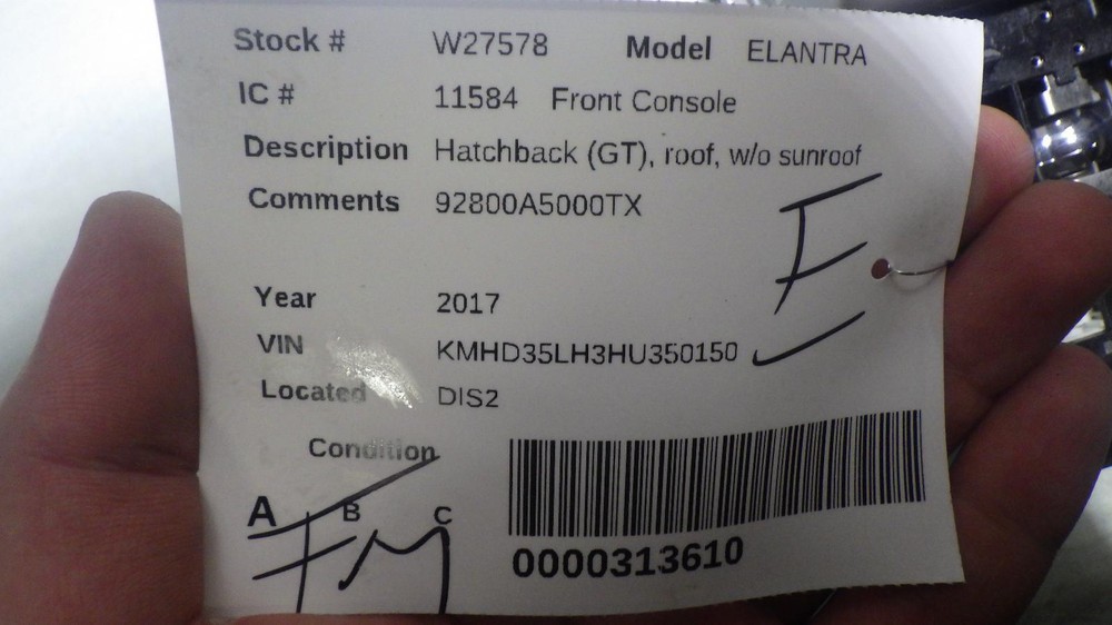 17 HYUNDAI ELANTRA Front Console 92800A5000TX