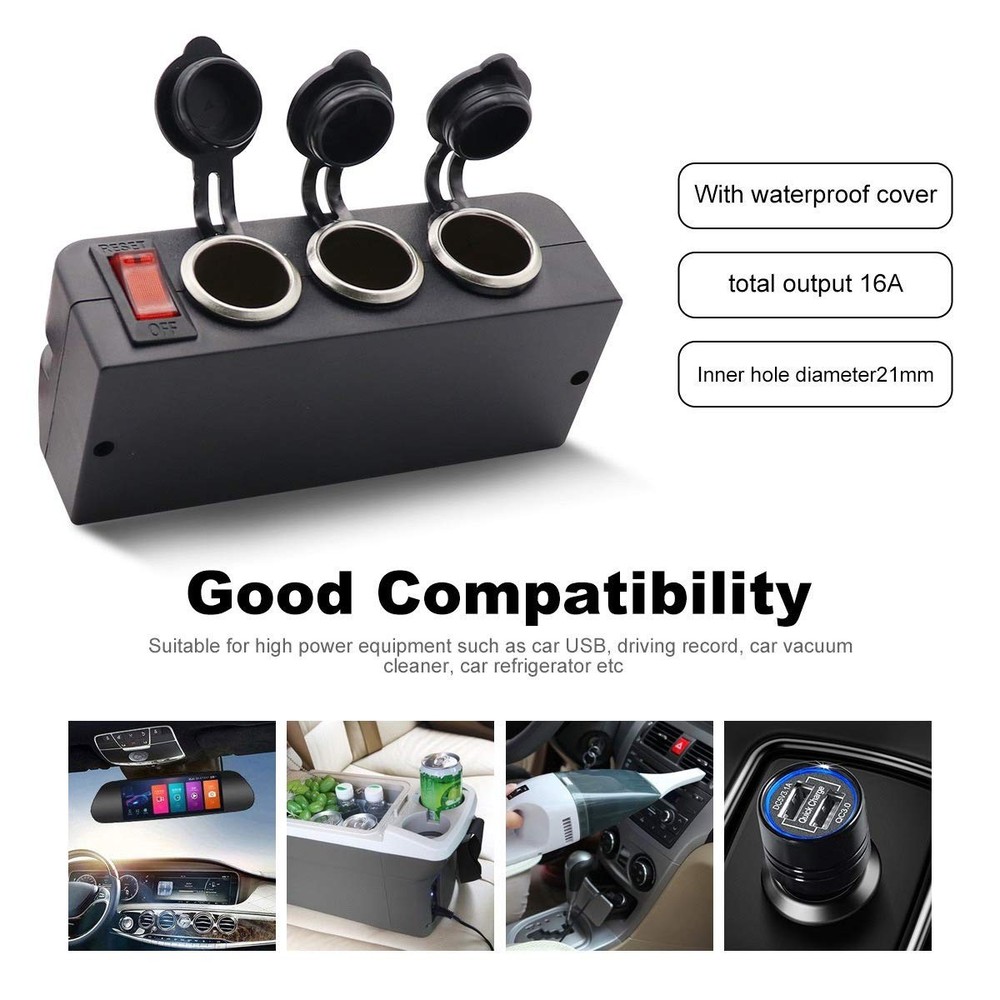 Cllena 3 Socket Cigarette Lighter Splitter 12V Power Outlet 3
