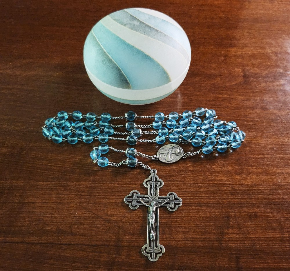 Vintage Italy Sterling Silver Aqua Blue Crystal Rosary & Vtg MCM Alabaster Case