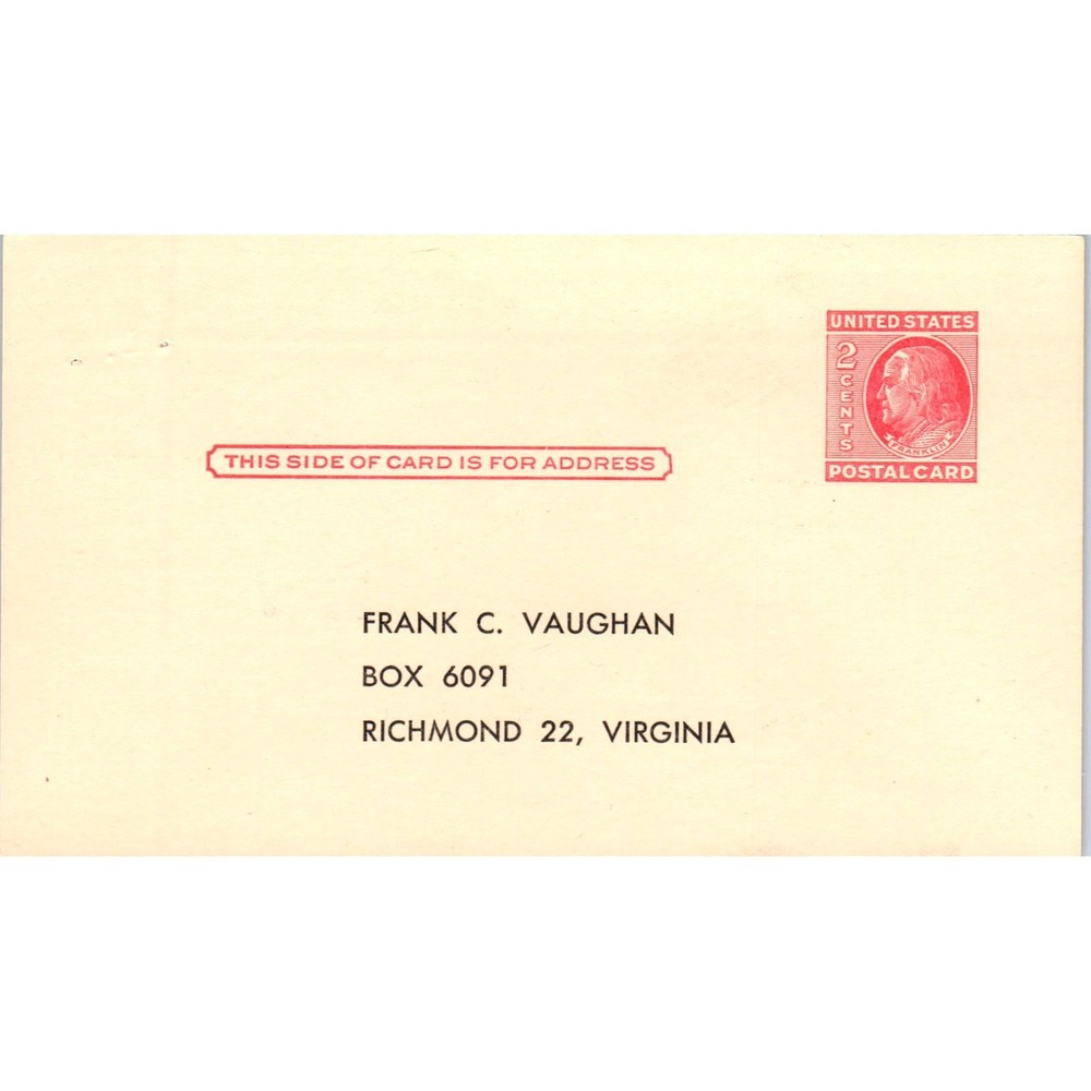 Frank C. Vaughan VA Engineer & Scientists Dinner Postal Mailing Card PE7