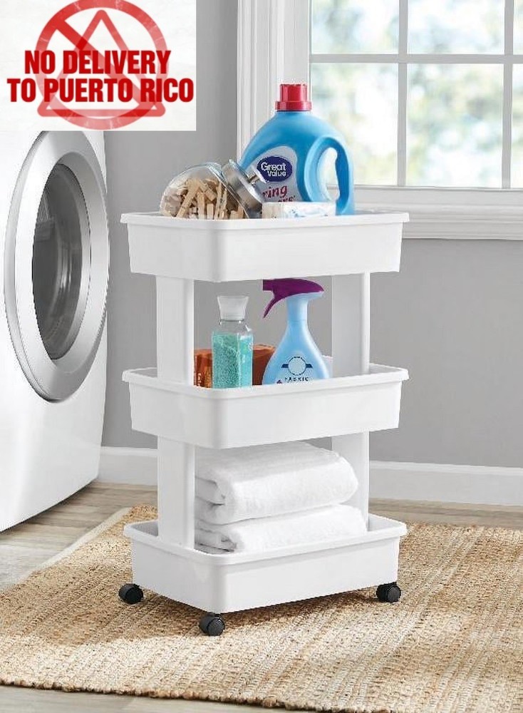 3-Tier Plastic Rolling Laundry Cart, Arctic White
