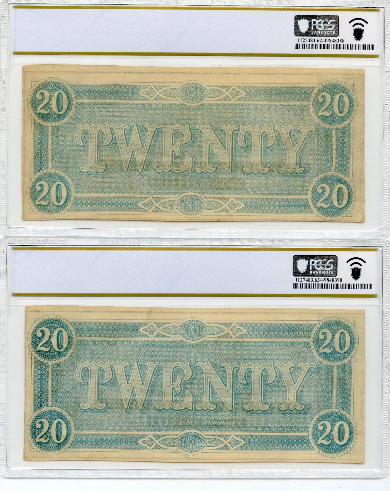 1864 $20 Confederate States of America T-67 w/ Consecutive Serial PCGS AU55-64