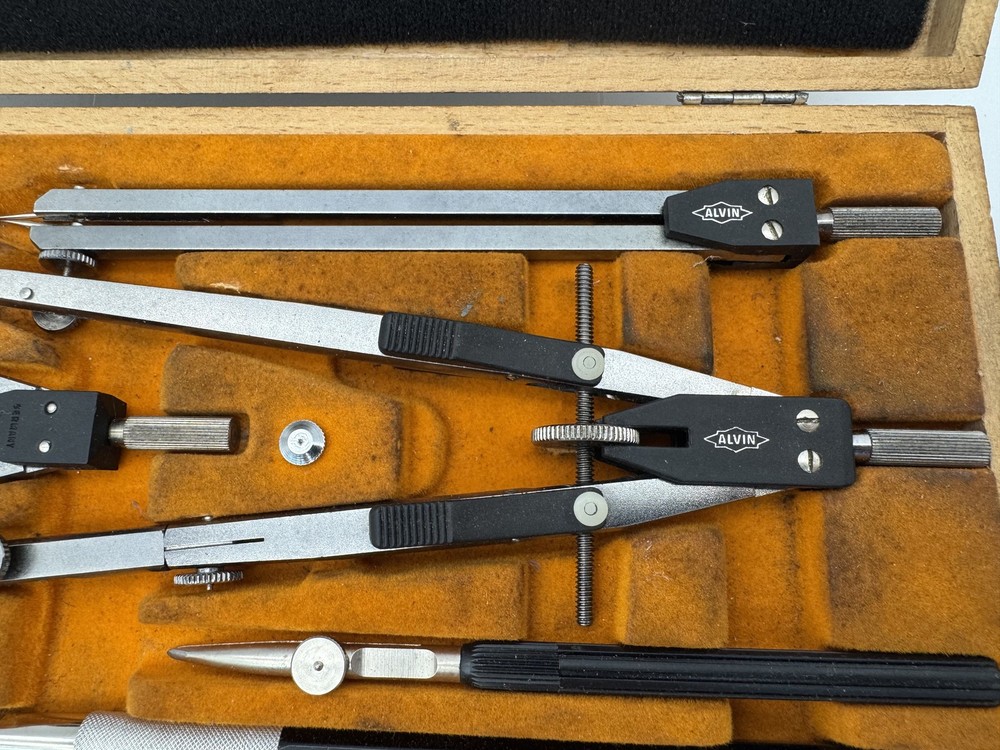 Vintage Alvin Precision Drawing Set Drafting Tools Compass German Wood Case