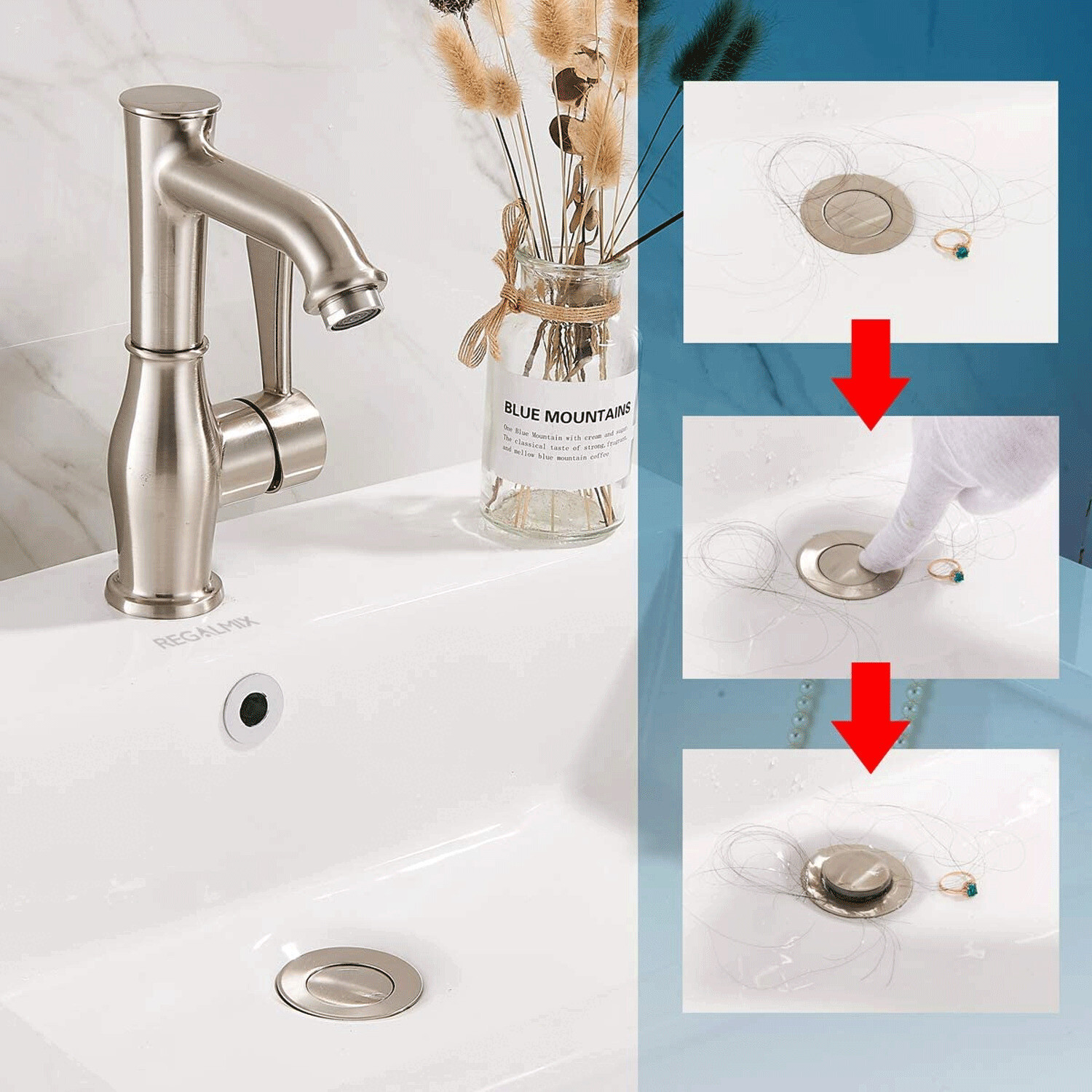 1Bathroom Sink Pop Up Drain Brushed Nickel Vessel Basin Stopper with No Overflow