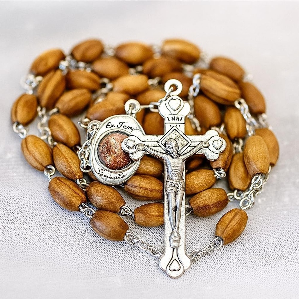 Authentic Jerusalem Rosary: Olive Wood Beads & Soil Medal Gift with Certificate