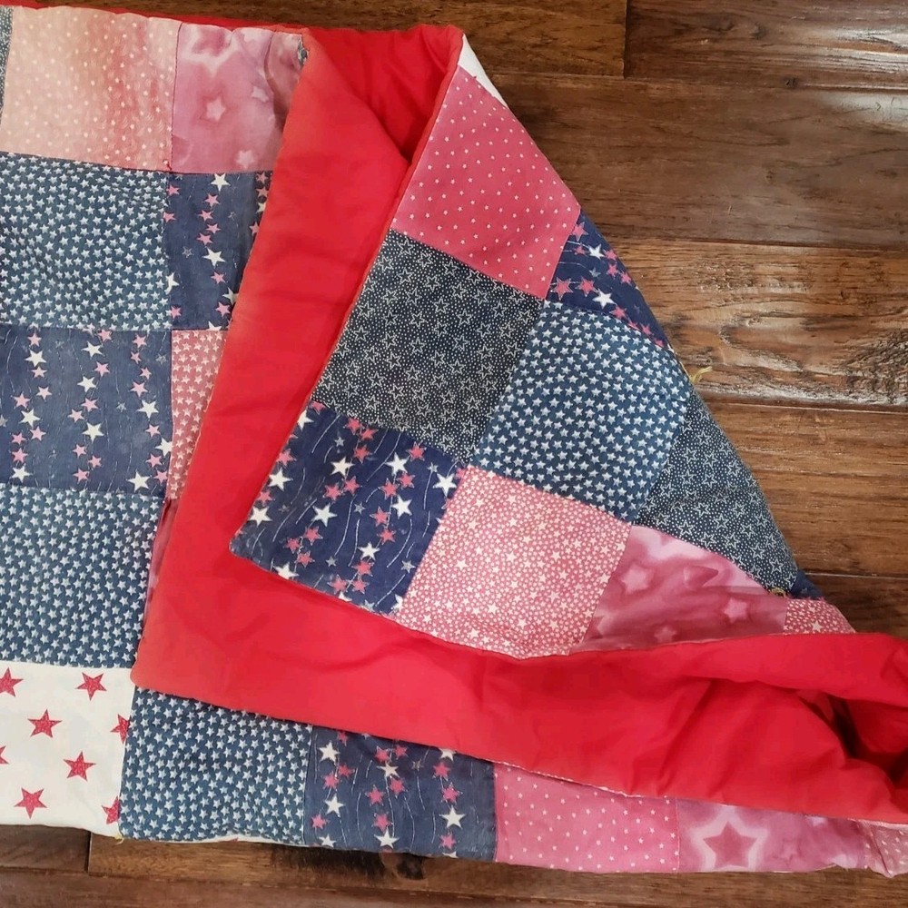 VTG Patchwork Quilt Table Topper Nine Patch Red White Blue Americana Handmade