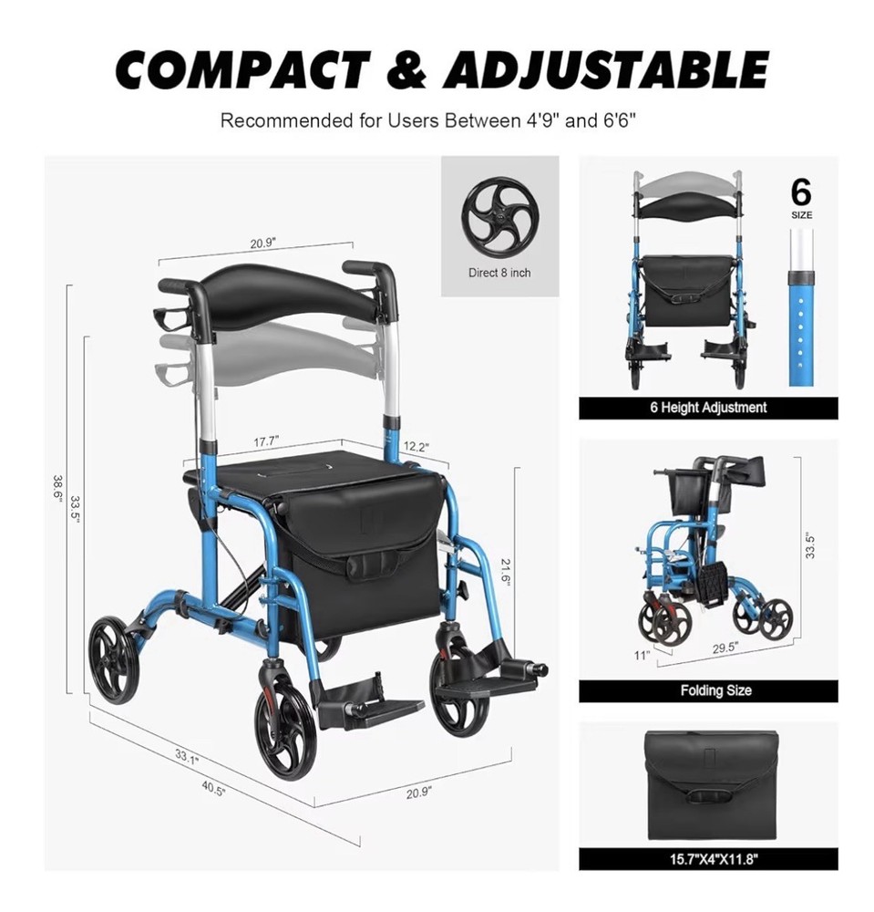 Liteleph -Rollator Walker - Adjustable Foldable, Removable Foot Rest ￼