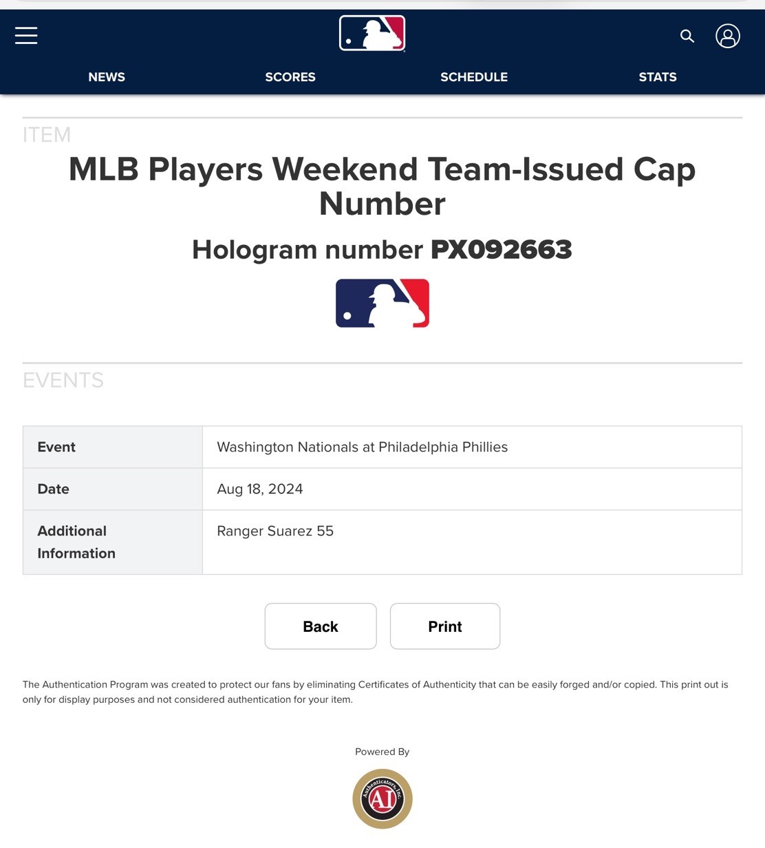 Ranger Suarez Game Team Issued 2024 Phillies Players Weekend Hat Patch MLB COA