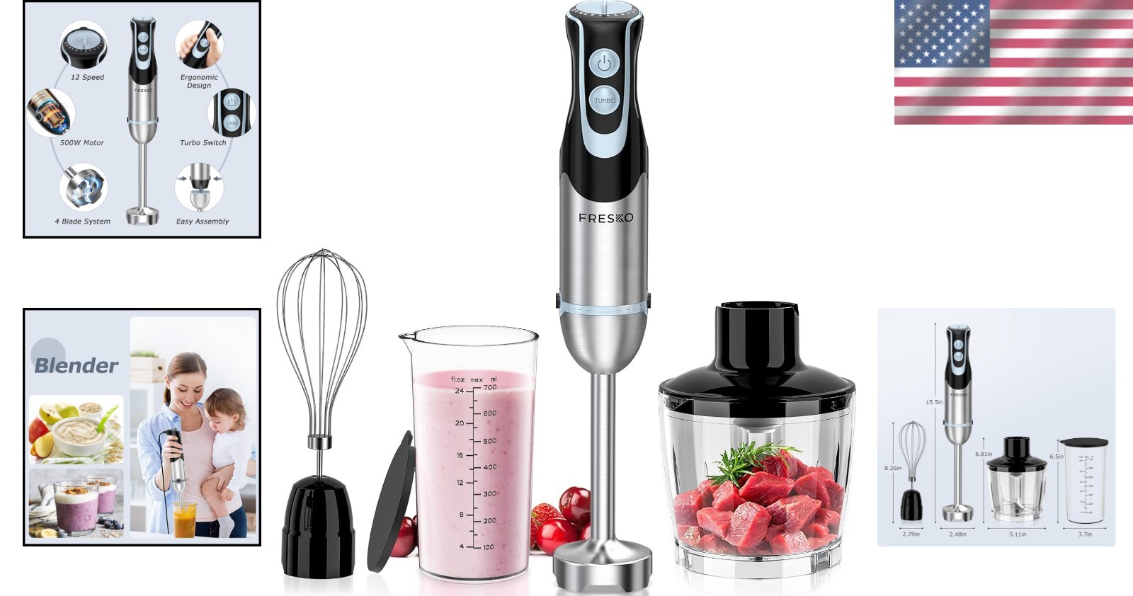 500W 4-in-1 Stainless Steel Immersion Blender with 12 Speeds & Turbo Function