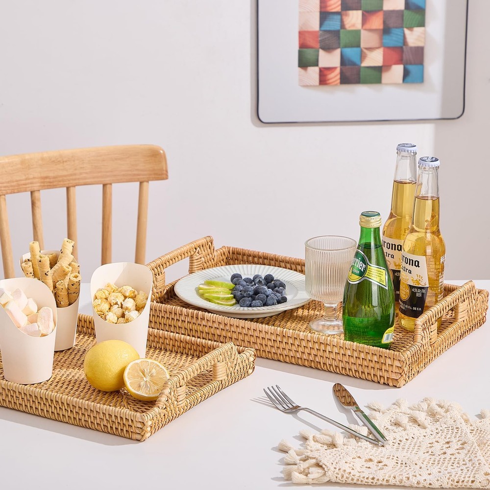 Rattan Rectangular Serving Tray with Handles, Hand-Woven Wicker Decorative Tr...