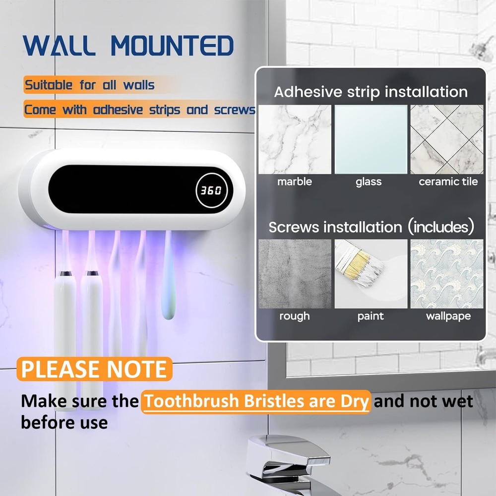 Toothbrush Holder, 5 Toothbrush Slots & Timer Function, Cordless Wall Mounted...
