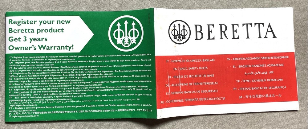 Original Beretta Owner’s Warranty - Multi-Language