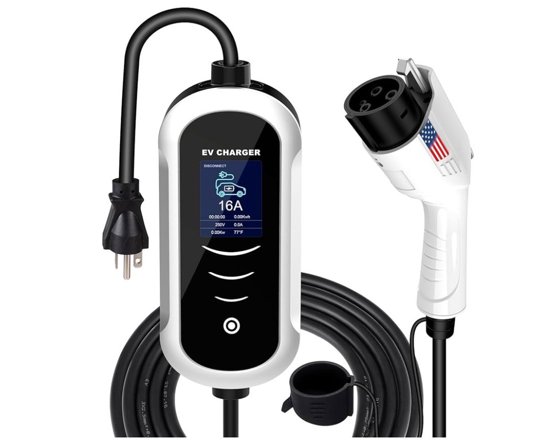 Macarlon Level 1 & 2 EV Charger,16A 110V-240V 25ft Cable,American Flag (Silver)