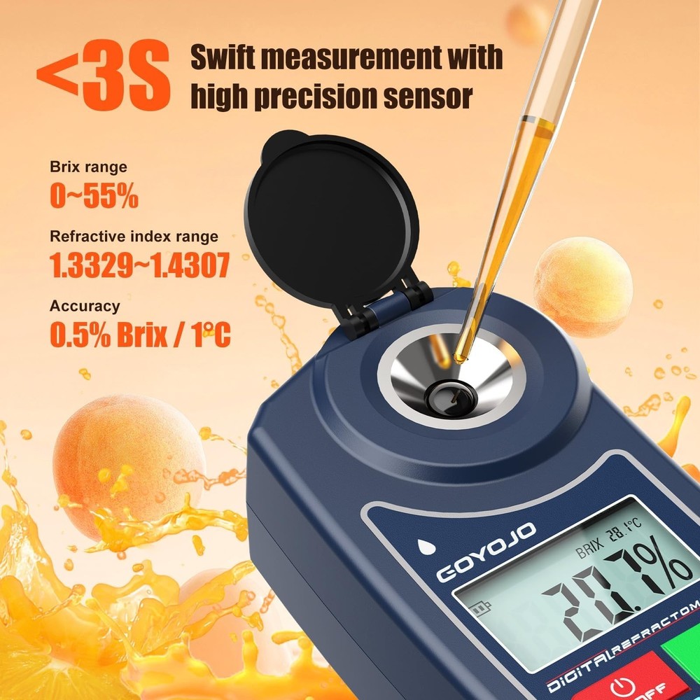 Digital Brix Refractometer 0-55% Range Meter ±0.5 Brix/1℃ Accuracy with Case