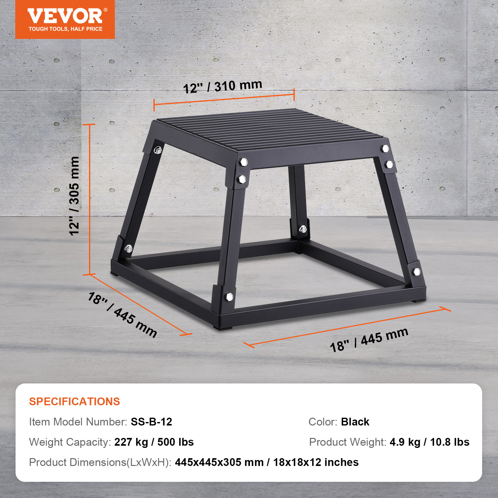 VEVOR 12" Plyometric Jump Box Fitness Exercise Plyo Box Step Cross Black