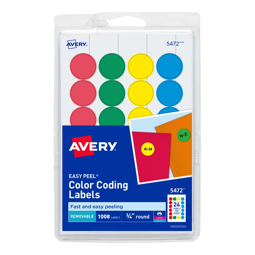 Removable Labels, 3/4" Round, 1008/PK, Assorted