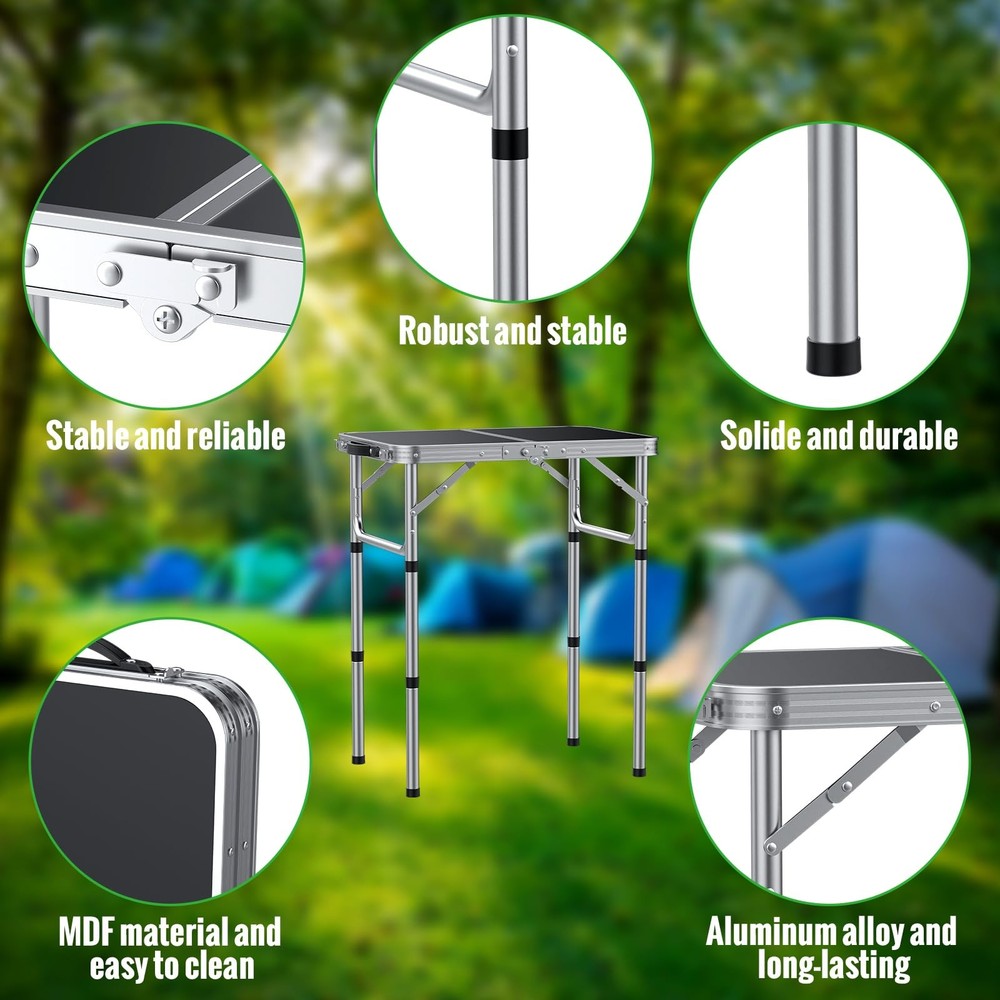 2ft Folding Camping Table, Portable Folding Picnic Table with 3-Height Adjust...